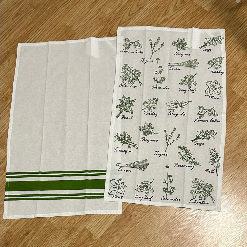 Herb Patterned Kitchen Towels - Green and White